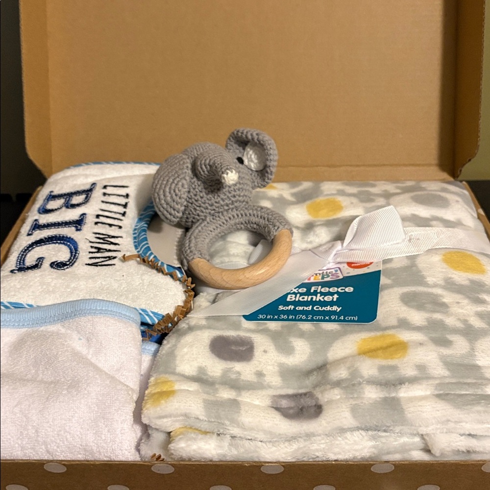 New Baby boy Blanket 30*36in & burp cloth & bib elephant rattle